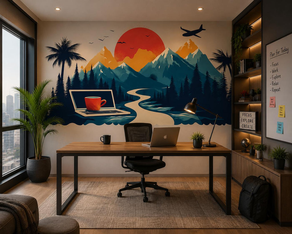 Mountain Office Wall Decal, Digital Nomad Travel Wall Art with Laptop & Sunset