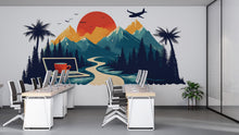 Load image into Gallery viewer, Mountain Office Wall Decal, Digital Nomad Travel Wall Art with Laptop &amp; Sunset