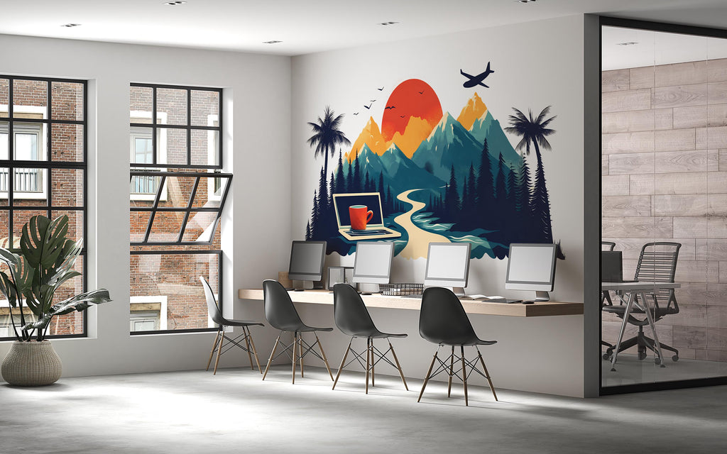 Mountain Office Wall Decal, Digital Nomad Travel Wall Art with Laptop & Sunset