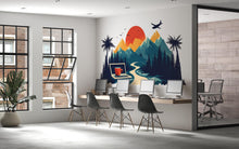 Load image into Gallery viewer, Mountain Office Wall Decal, Digital Nomad Travel Wall Art with Laptop &amp; Sunset