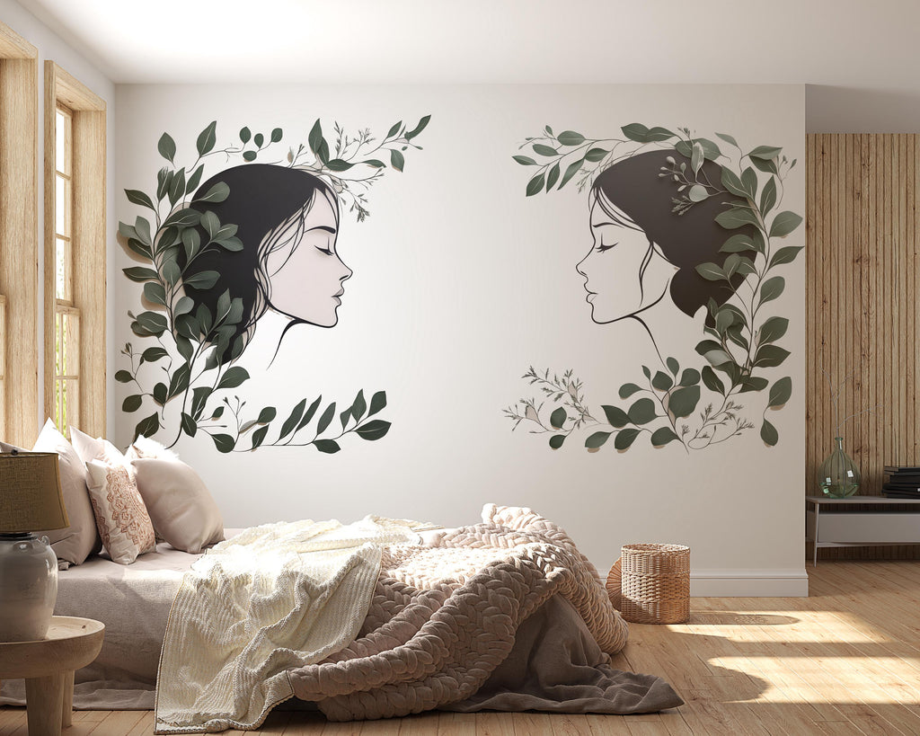 Woman Face Wall Decal Set, Botanical Female Line Art for Med Spa & Beauty Salon