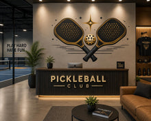 Load image into Gallery viewer, Pickleball Wall Decal, Paddle &amp; Ball Wall Art for Pickleball Club or Sports Facility