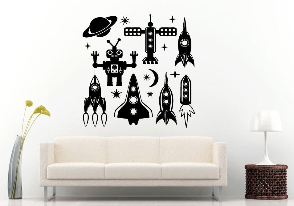 Star Space Ship Spaceship Fighter Galaxy Rocket Satellite Robot Planet Wall Decal Vinyl Sticker Mural Room Decor L1219