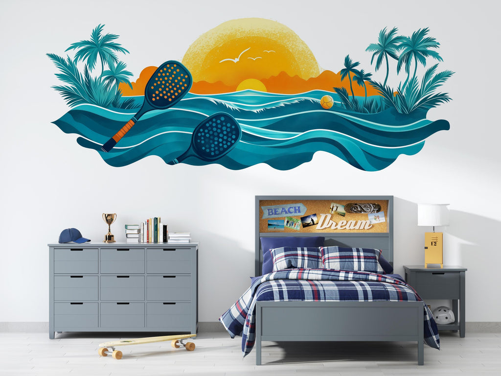 Pickleball Wall Decal, Tropical Ocean Paddle Wall Art for Pickleball Club & Court