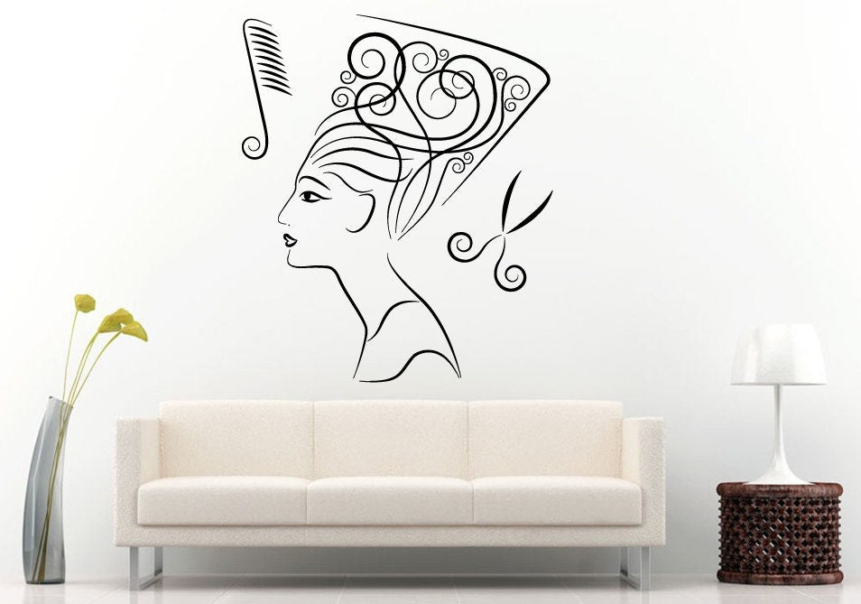 Egyptian Queen Princess Nefertiti Hair Salon Spa Brush Scissors Comb Wall Decal Vinyl Sticker Mural Room Decor L1231