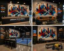 Load image into Gallery viewer, Pickleball Wall Decal, City Skyline Paddle Wall Art for Pickleball Club &amp; Court