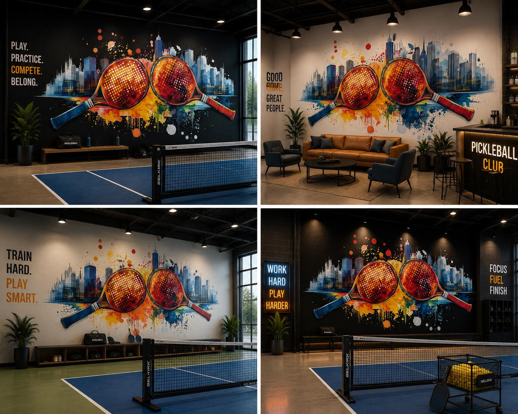 Pickleball Wall Decal, Urban City Skyline Paddle Wall Art for Pickleball Club & Court