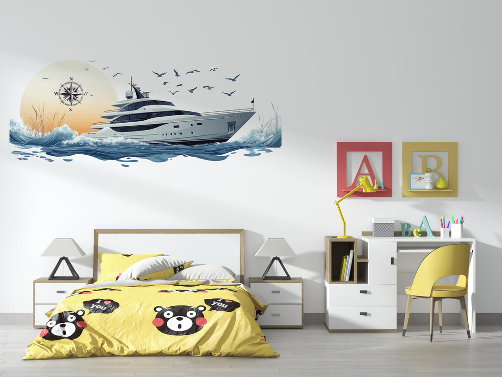 Yacht Wall Decal, Luxury Yacht Club Wall Art, Marina Decor, Nautical Boat Wall Decal