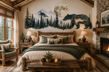 Load image into Gallery viewer, Bear Forest Wall Decal, Rustic Cabin Wall Decor, Mountain Bear Wall Sticker, Woodland Nursery Wall Art, Airbnb Lodge Decor, Nature Vinyl