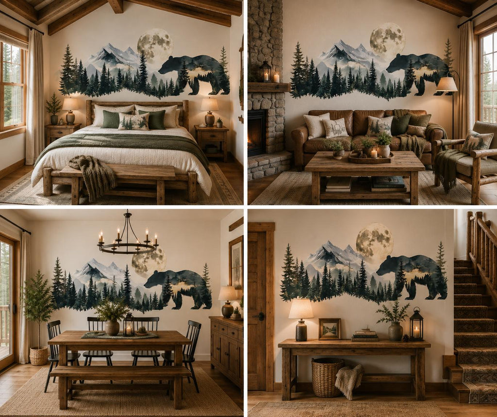 Bear Forest Wall Decal, Rustic Cabin Wall Decor, Mountain Bear Wall Sticker, Woodland Nursery Wall Art, Airbnb Lodge Decor, Nature Vinyl