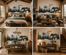 Load image into Gallery viewer, Bear Forest Wall Decal, Rustic Cabin Wall Decor, Mountain Bear Wall Sticker, Woodland Nursery Wall Art, Airbnb Lodge Decor, Nature Vinyl