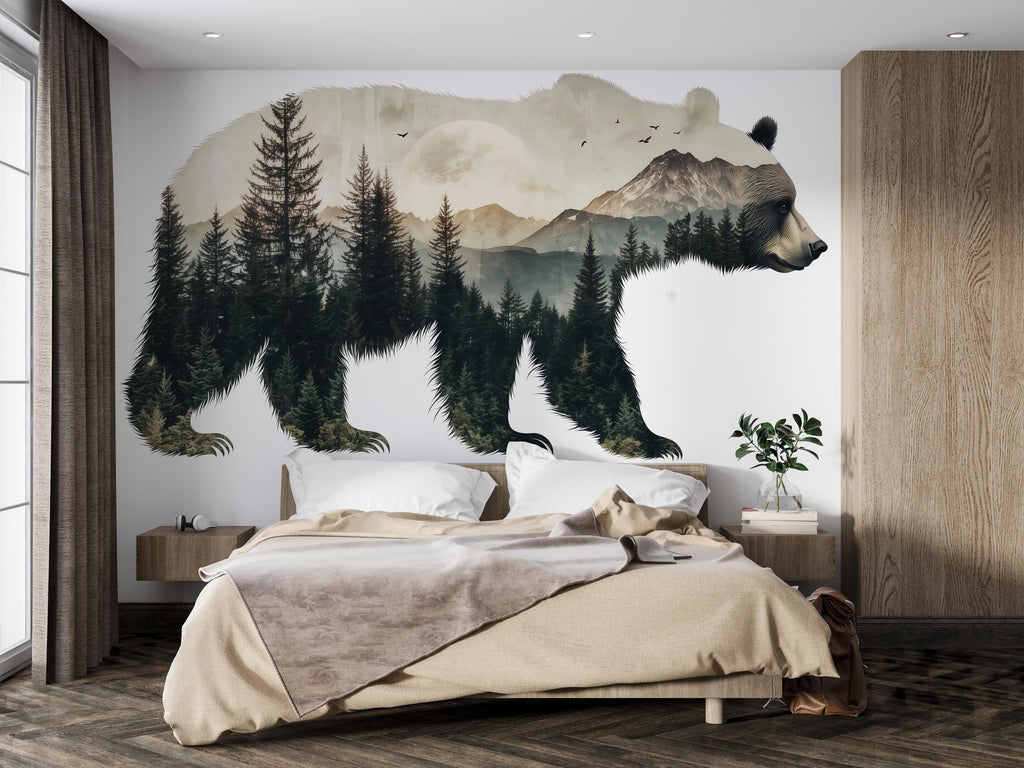Bear Forest Wall Decal, Mountain Bear Wall Sticker, Rustic Cabin Wall Decor, Woodland Wall Art, Airbnb Lodge Decor, Nature Vinyl Decal
