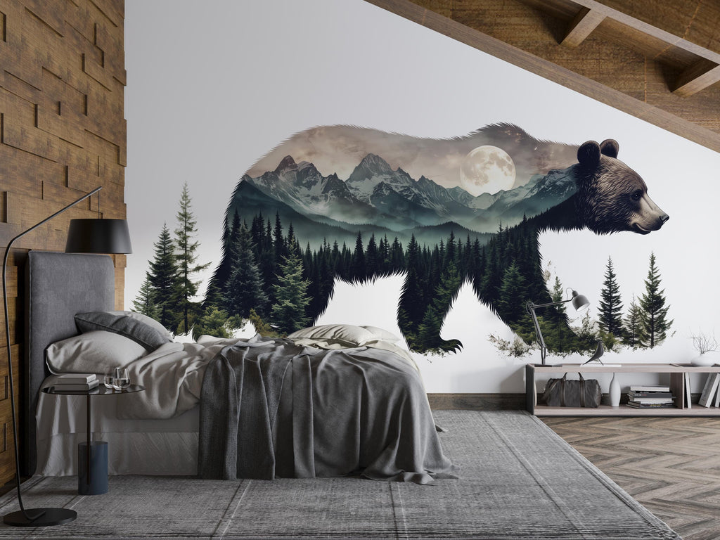 Bear Mountain Wall Decal, Rustic Cabin Wall Decor, Woodland Bear Wall Sticker, Mountain Lodge Wall Art, Airbnb Cabin Decor, Nature Vinyl