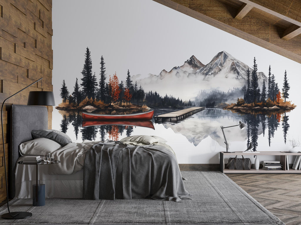 Mountain Lake Wall Decal, Rustic Cabin Wall Decor, Canoe Lake Wall Sticker, Lodge Fireplace Wall Art, Airbnb Cabin Decor, Nature Vinyl Decal