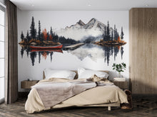 Load image into Gallery viewer, Mountain Lake Wall Decal, Rustic Cabin Wall Decor, Canoe Lake Wall Sticker, Lodge Fireplace Wall Art, Airbnb Cabin Decor, Nature Vinyl Decal