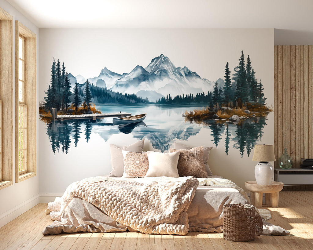 Mountain Lake Wall Decal, Rustic Cabin Wall Decor, Lake House Wall Sticker, Mountain Landscape Wall Art, Airbnb Lodge Decor, Nature Vinyl