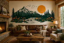 Load image into Gallery viewer, Mountain Sunset Wall Decal, Rustic Cabin Wall Decor, Lake House Wall Sticker, Mountain Landscape Wall Art, Airbnb Lodge Decor, Nature Vinyl