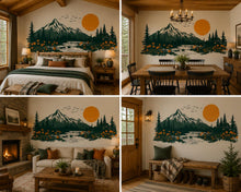 Load image into Gallery viewer, Mountain Sunset Wall Decal, Rustic Cabin Wall Decor, Lake House Wall Sticker, Mountain Landscape Wall Art, Airbnb Lodge Decor, Nature Vinyl