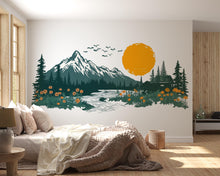 Load image into Gallery viewer, Mountain Sunset Wall Decal, Rustic Cabin Wall Decor, Lake House Wall Sticker, Mountain Landscape Wall Art, Airbnb Lodge Decor, Nature Vinyl