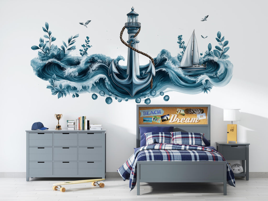 Anchor Wall Decal, Lighthouse Ocean Wave Wall Art, Yacht Club Marina Nautical Decor