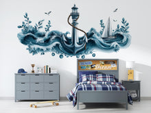 Load image into Gallery viewer, Anchor Wall Decal, Lighthouse Ocean Wave Wall Art, Yacht Club Marina Nautical Decor
