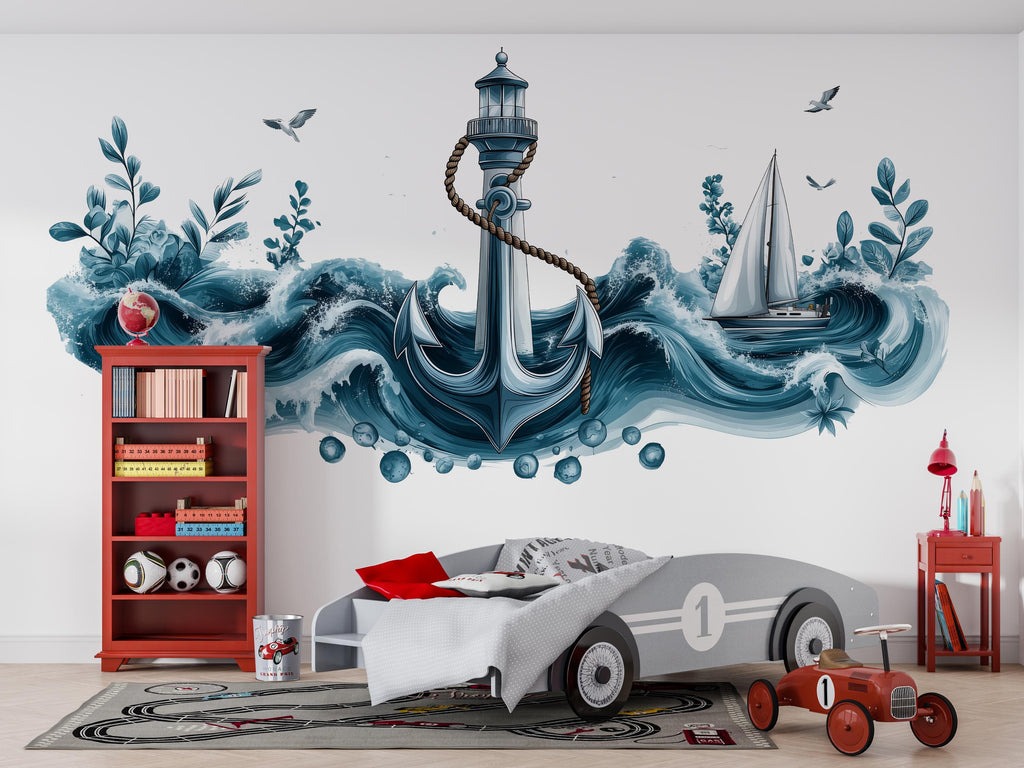 Anchor Wall Decal, Lighthouse Ocean Wave Wall Art, Yacht Club Marina Nautical Decor