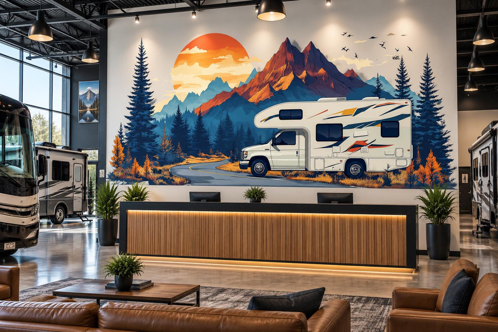 RV Wall Decal, Motorhome Dealership Decor, Camper Showroom Wall Art, Mountain RV Mural, Camping Adventure Wall Decal