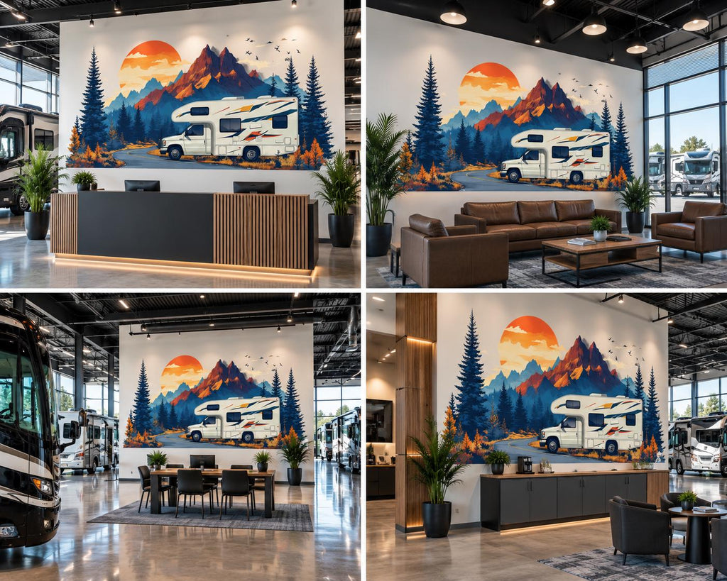 RV Wall Decal, Motorhome Dealership Decor, Camper Showroom Wall Art, Mountain RV Mural, Camping Adventure Wall Decal