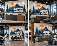 Load image into Gallery viewer, RV Wall Decal, Motorhome Dealership Decor, Camper Showroom Wall Art, Mountain RV Mural, Camping Adventure Wall Decal