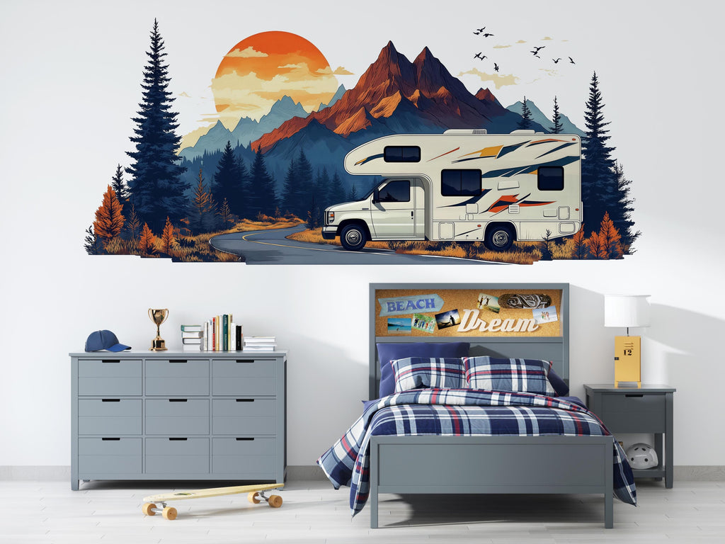 RV Wall Decal, Motorhome Dealership Decor, Camper Showroom Wall Art, Mountain RV Mural, Camping Adventure Wall Decal
