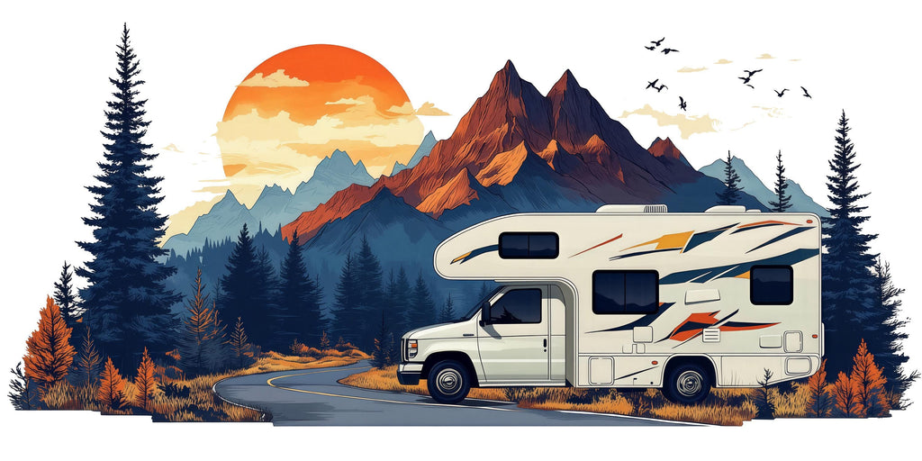 RV Wall Decal, Motorhome Dealership Decor, Camper Showroom Wall Art, Mountain RV Mural, Camping Adventure Wall Decal