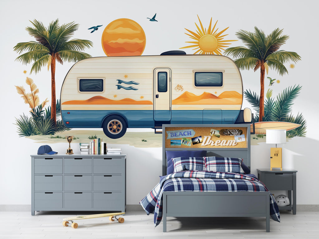Camper Wall Decal, RV Dealership Decor, Travel Trailer Wall Art, Coastal RV Showroom Decor, Beach Camping Wall Decal