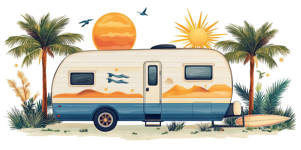 Camper Wall Decal, RV Dealership Decor, Travel Trailer Wall Art, Coastal RV Showroom Decor, Beach Camping Wall Decal