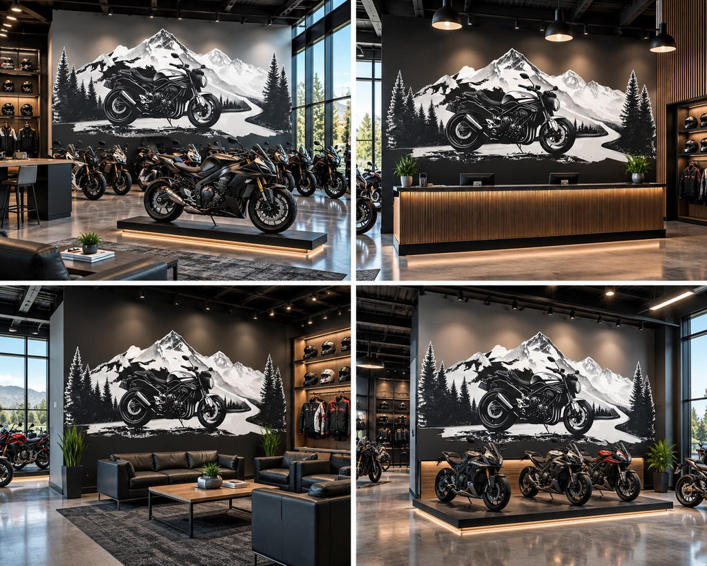 Motorcycle Wall Decal, Motorcycle Dealership Decor, Bike Showroom Wall Art, Mountain Road Mural, Biker Garage Wall Decal