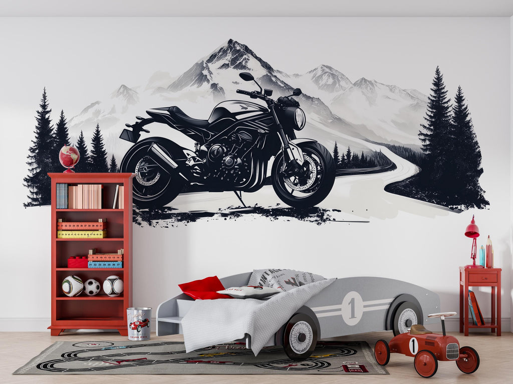 Motorcycle Wall Decal, Motorcycle Dealership Decor, Bike Showroom Wall Art, Mountain Road Mural, Biker Garage Wall Decal