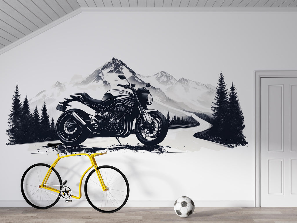 Motorcycle Wall Decal, Motorcycle Dealership Decor, Bike Showroom Wall Art, Mountain Road Mural, Biker Garage Wall Decal