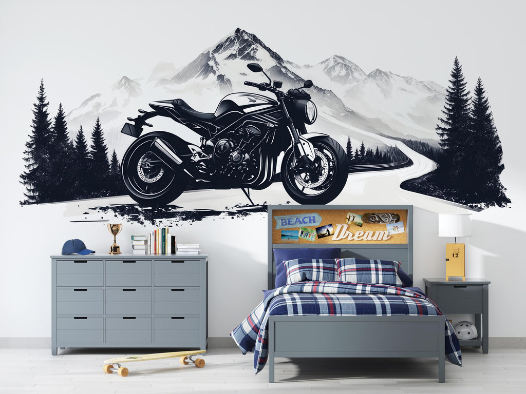 Motorcycle Wall Decal, Motorcycle Dealership Decor, Bike Showroom Wall Art, Mountain Road Mural, Biker Garage Wall Decal