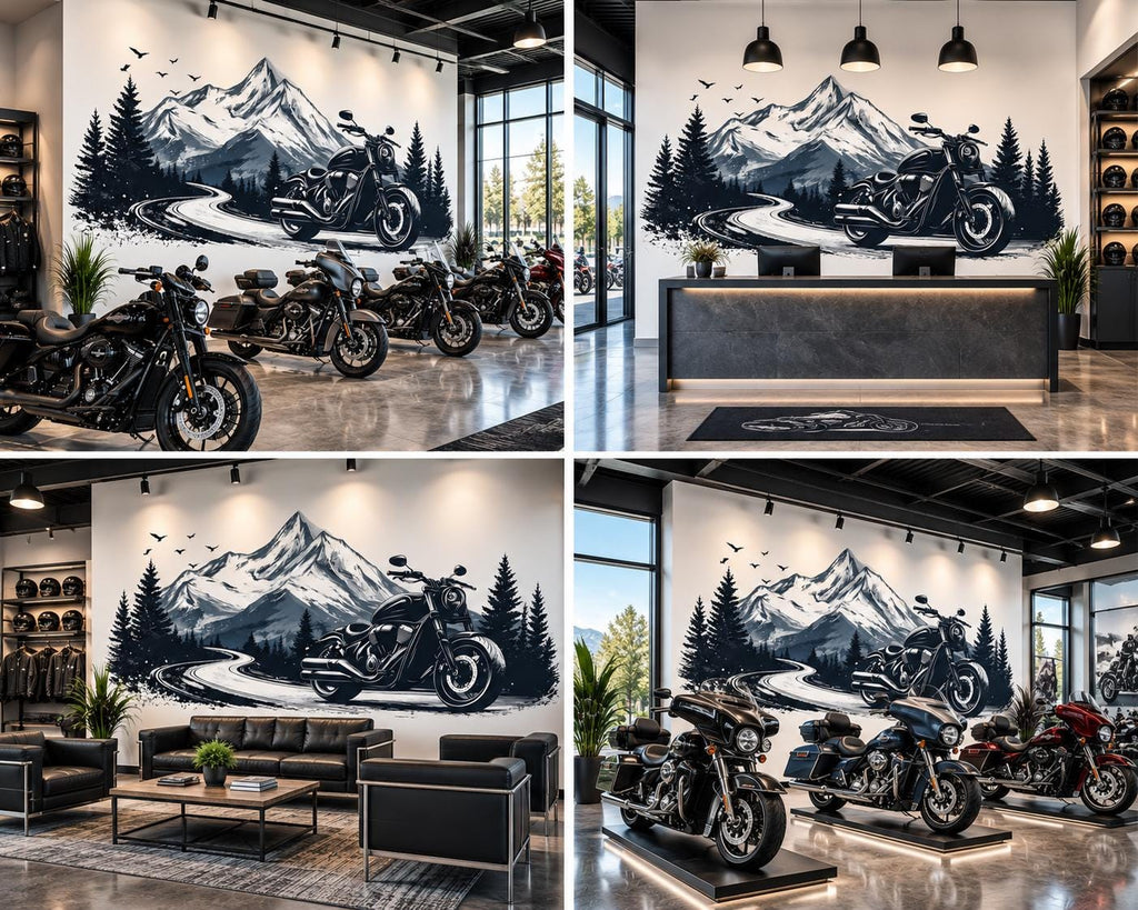 Motorcycle Wall Decal, Harley Style Dealership Decor, Cruiser Bike Wall Art, Motorcycle Showroom Decor, Mountain Road Decal