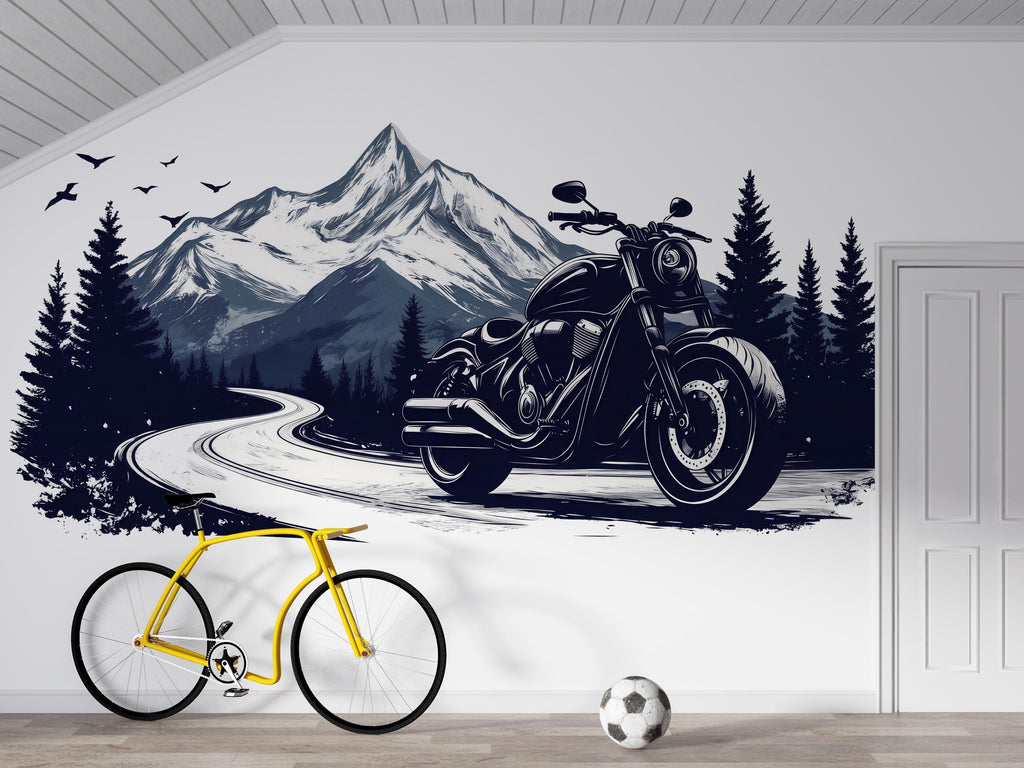 Motorcycle Wall Decal, Harley Style Dealership Decor, Cruiser Bike Wall Art, Motorcycle Showroom Decor, Mountain Road Decal