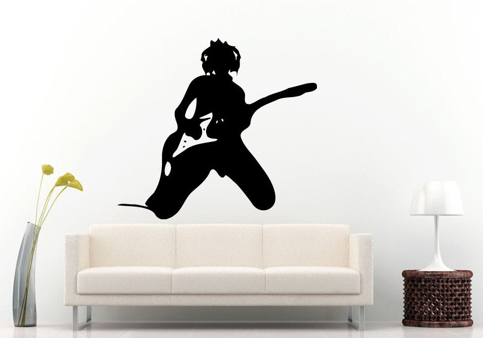 Man Rocker Rocking Out With Electric Guitar With Headphones On Rock Music Wall Decal Vinyl Sticker Mural Room Decor L1241
