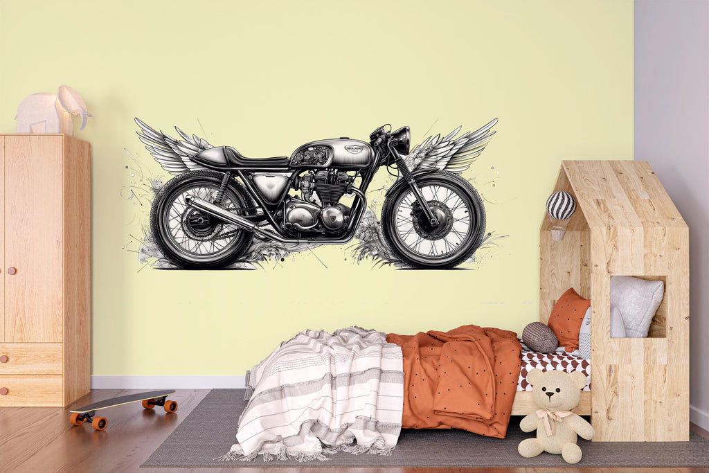 Cafe Racer Wall Decal, Winged Motorcycle Wall Art, Vintage Motorcycle Decor, Motorcycle Shop Decor, Biker Garage Wall Graphic