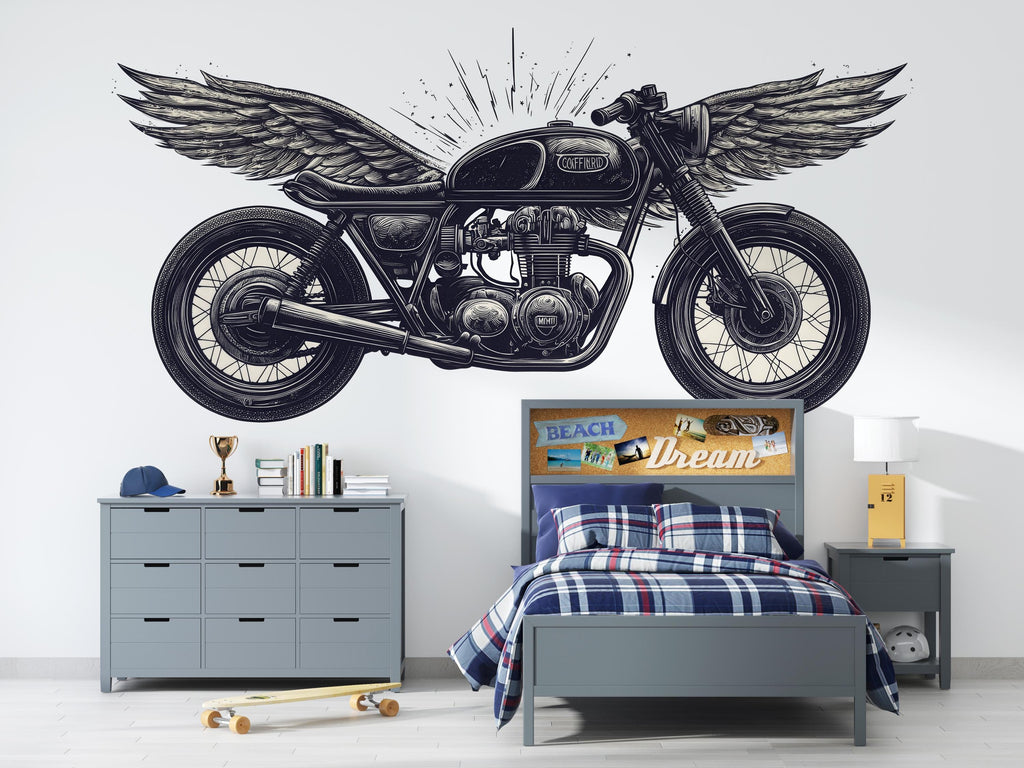 Winged Cafe Racer Wall Decal, Vintage Motorcycle Wall Art, Motorcycle Dealership Decor, Biker Garage Decal, Retro Bike Shop Decor