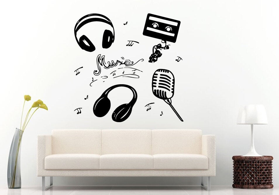 Dj Music Headphones Microphone Cassette Tape Melody Notes Wall Decal Vinyl Sticker Mural Room Decor L1237