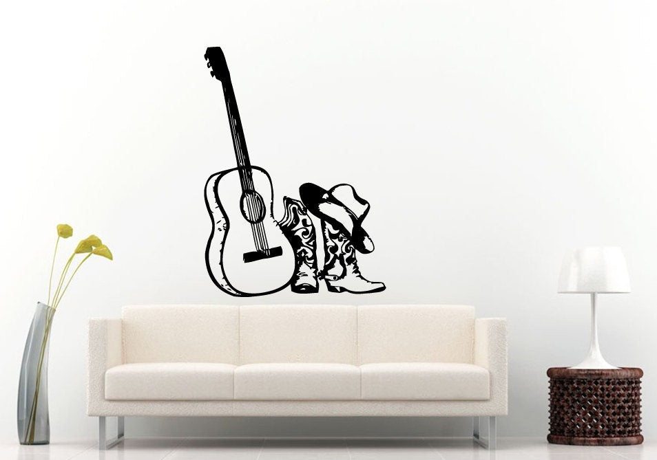 Acoustical Music Guitar Country Music Cowboy Hat Boots Wall Decal Vinyl Sticker Mural Room Decor L1238