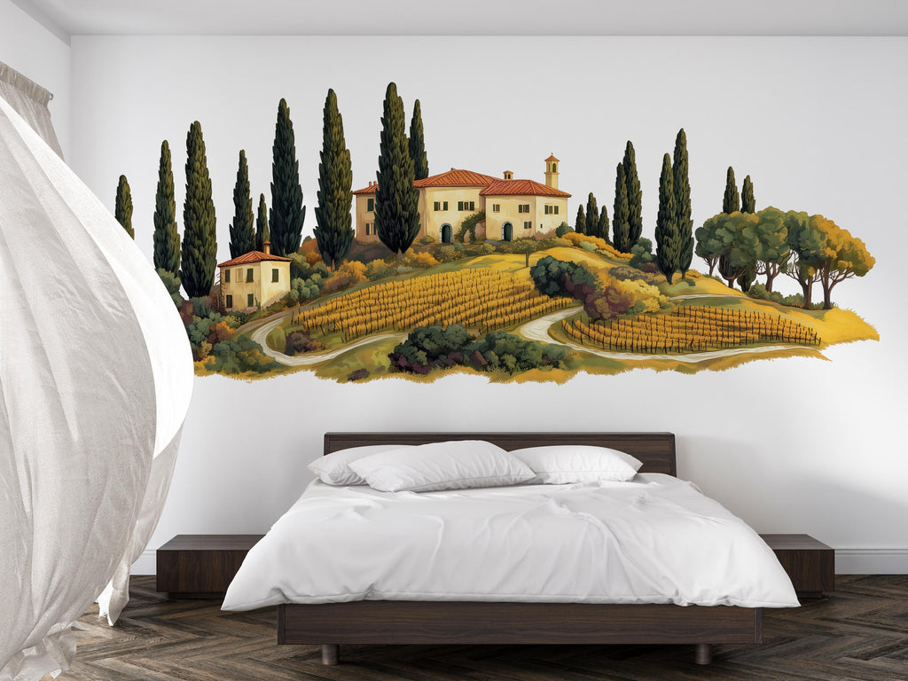 Tuscany Wall Decal for Airbnb, Boutique Hotel Wall Decor, Italian Villa Landscape, Mediterranean Guest Room Decor, Vineyard Wall Art