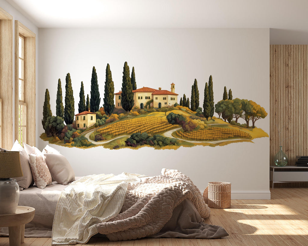 Tuscany Wall Decal for Airbnb, Boutique Hotel Wall Decor, Italian Villa Landscape, Mediterranean Guest Room Decor, Vineyard Wall Art