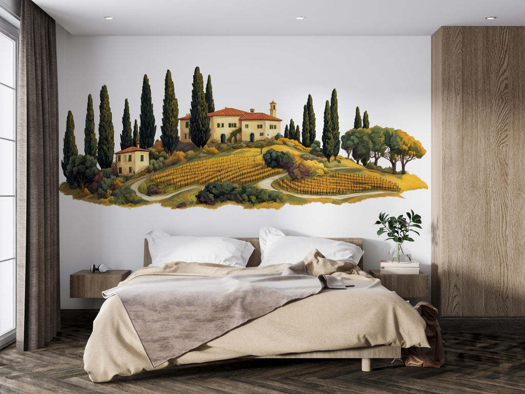 Tuscany Wall Decal for Airbnb, Boutique Hotel Wall Decor, Italian Villa Landscape, Mediterranean Guest Room Decor, Vineyard Wall Art