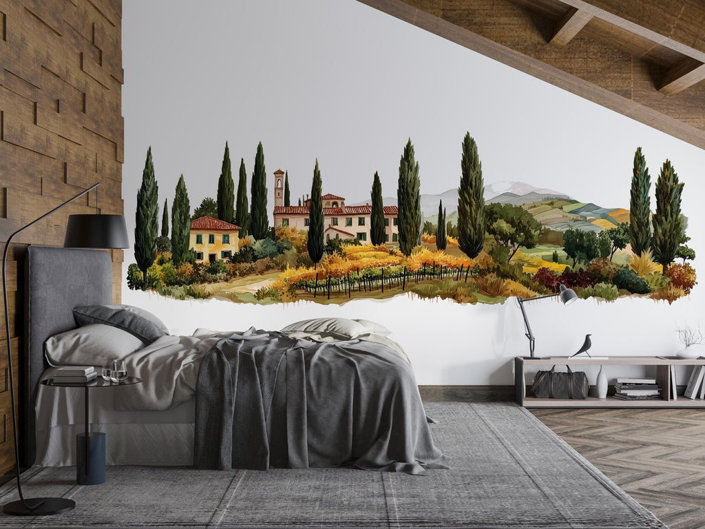 Tuscany Wall Decal, Airbnb Bedroom Decor, Boutique Hotel Wall Art, Italian Villa Landscape, Tuscan Vineyard Decor, Mediterranean Wall Decal