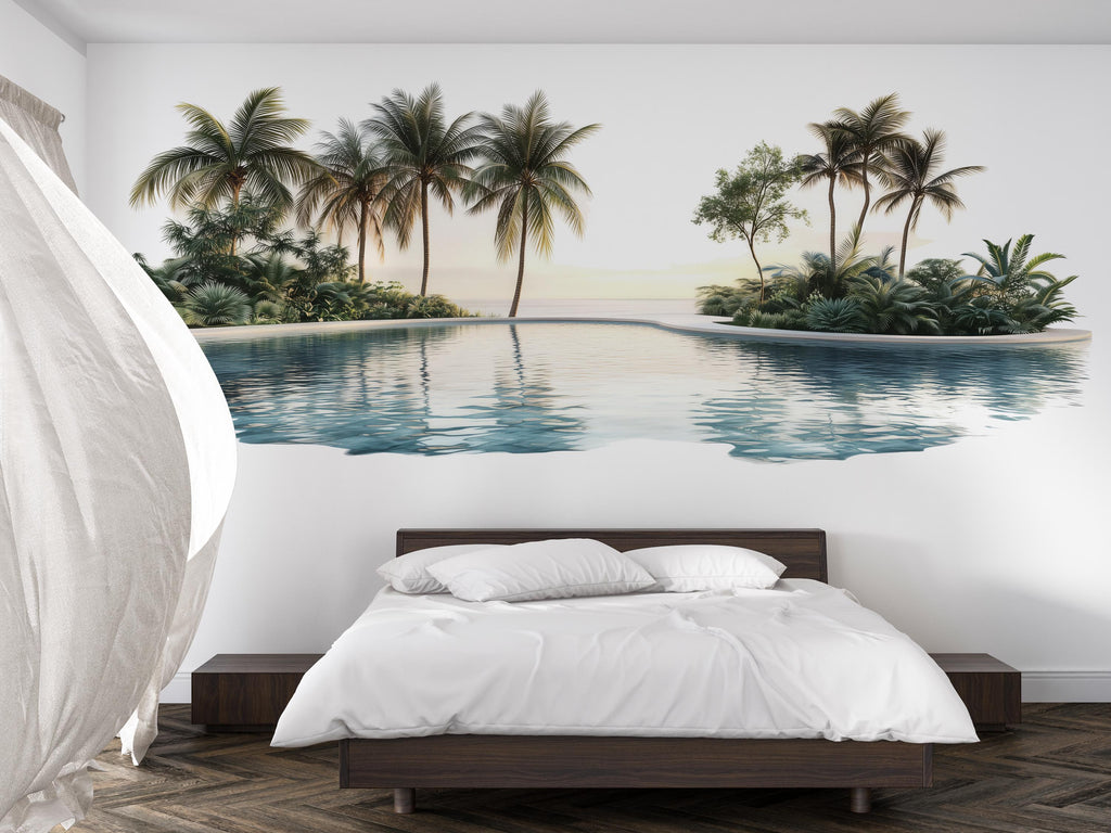 Tropical Pool Wall Decal, Airbnb Bedroom Decor, Boutique Hotel Wall Art, Palm Tree Wall Decal, Resort Wall Decor, Coastal Vacation Rental