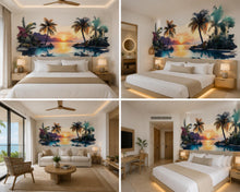 Load image into Gallery viewer, Tropical Sunset Wall Decal, Airbnb Bedroom Decor, Boutique Hotel Wall Art, Palm Tree Pool Wall Decal, Resort Decor, Vacation Rental Wall Art